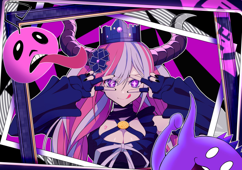 +_+ 1girl :q ? absurdres bare_shoulders black_choker black_dress black_gloves black_nails breasts choker cleavage closed_mouth commentary crown demon_girl demon_horns detached_sleeves double_v dress eyes_visible_through_hair fingerless_gloves frilled_dress frills gloves hair_between_eyes highres horns large_breasts long_hair looking_at_viewer low_twintails master_detective_archives:_rain_code multicolored_hair nail_polish outline purple_eyes shinigami_(rain_code) simple_background smile solo straight-on straight_hair tongue tongue_out twintails two-tone_hair upper_body v v-shaped_eyebrows v_over_eye white_outline wide_sleeves zanmu_no_sora