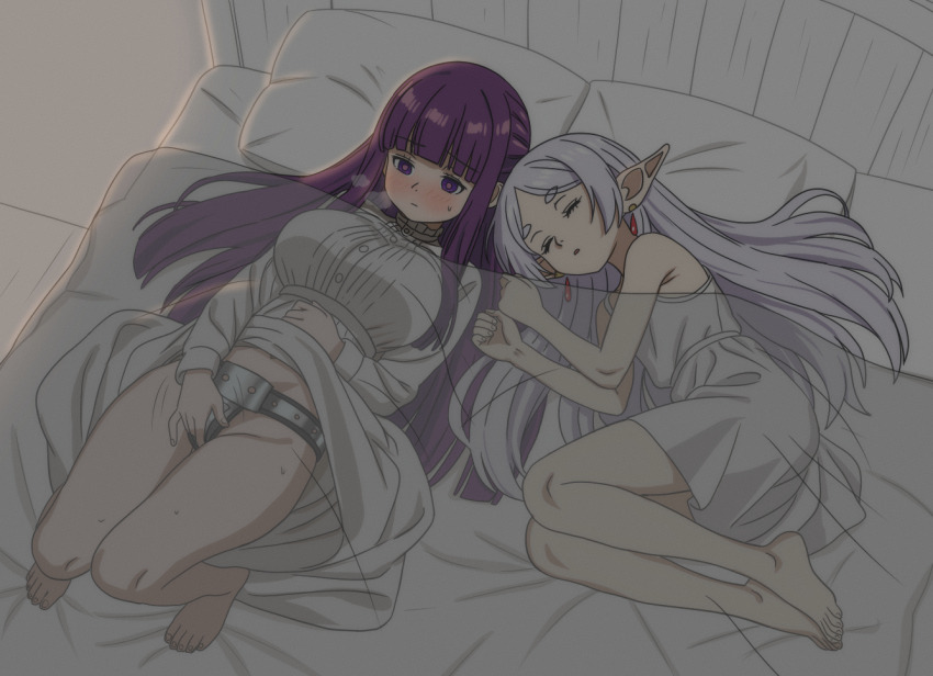 2girls blanket blush breasts chastity_belt closed_eyes clothes_lift commentary_request dress dress_lift elf female_masturbation fern_(sousou_no_frieren) frieren head_on_pillow hippo_power large_breasts long_hair long_sleeves lying masturbation metal_chastity_cage multiple_girls on_back on_side pillow pointy_ears purple_eyes purple_hair sleeping sleeping_together sousou_no_frieren thighs twintails under_covers white_hair x-ray