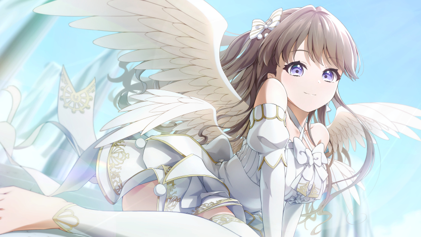 1girl angel angel_wings barefoot blue_sky bow breasts brown_hair closed_mouth collarbone commentary_request criss-cross_halter day dress ether_aria_(love_live!) feathered_wings fujishima_megumi hair_bow halter_dress halterneck highres large_breasts leggings link!_like!_love_live! long_hair love_live! multiple_wings official_alternate_costume outdoors pinstripe_bow prbili purple_eyes sky sleeveless sleeveless_dress smile solo split_mouth thighhighs two_side_up virtual_youtuber white_bow white_dress white_leggings white_wings wings zettai_ryouiki