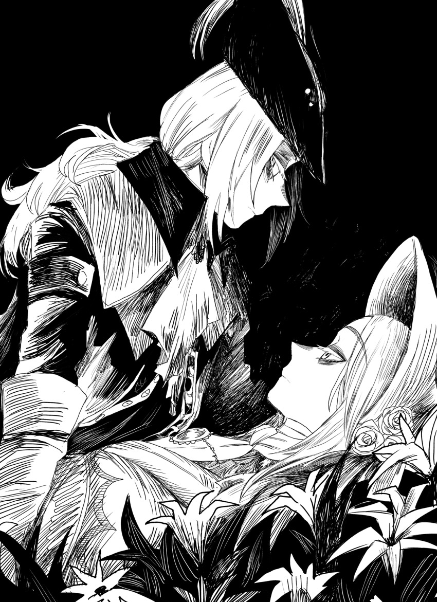 2girls bloodborne bonnet cape commentary expressionless flower greyscale hair_flower hair_ornament highres holding_hands kuropin lady_maria_of_the_astral_clocktower looking_at_another monochrome multiple_girls plain_doll sideways_glance