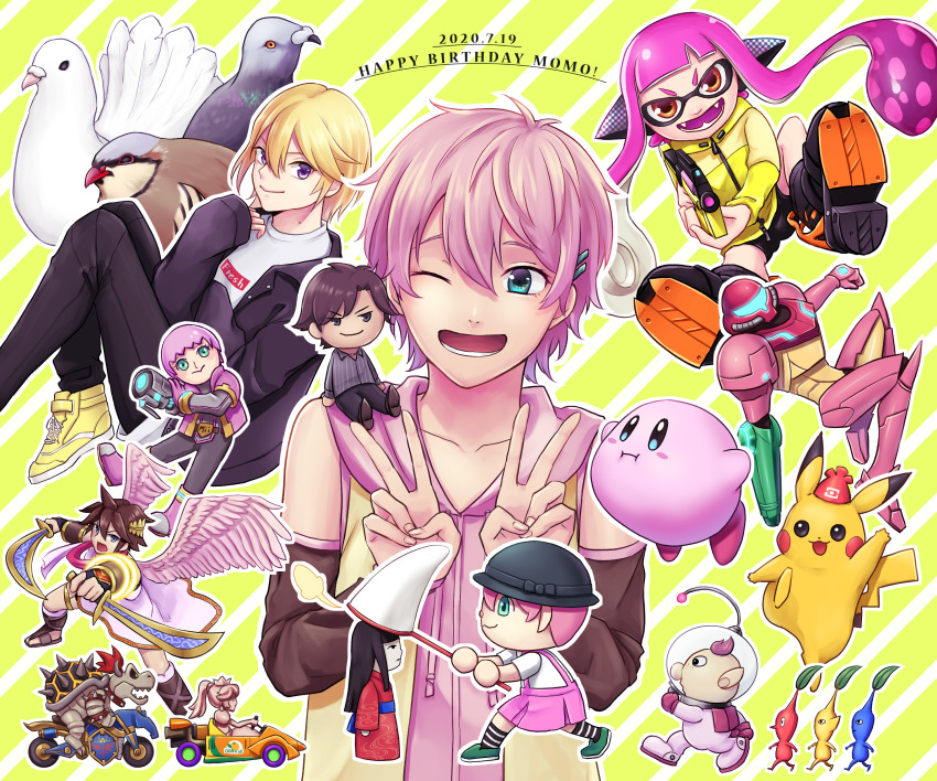 absurdres animal_crossing bird black_headwear bowser butterfly_net character_name character_request double_v dry_bowser english_text gen_1_pokemon gravity_suit_(metroid) gun hair_ornament hairclip hand_net happy_birthday hat hatoful_kareshi highres holding holding_gun holding_weapon inkling inkling_girl inkling_player_character iwamine_shuu kid_icarus kid_icarus_uprising kirby kirby_(series) mario_(series) mario_kart mario_kart_wii metroid metroid:_other_m mii_(nintendo) nerune_(nerune_25) nintendo olimar on_shoulder one_eye_closed pikachu pikmin_(creature) pink_gold_peach pit_(kid_icarus) pokemon power_suit_(metroid) princess_peach purple_eyes sakazaki_yuuya samus_aran shoes sneakers socks striped_clothes striped_socks super_smash_bros. v villager_(animal_crossing) virtual_youtuber weapon yellow_background