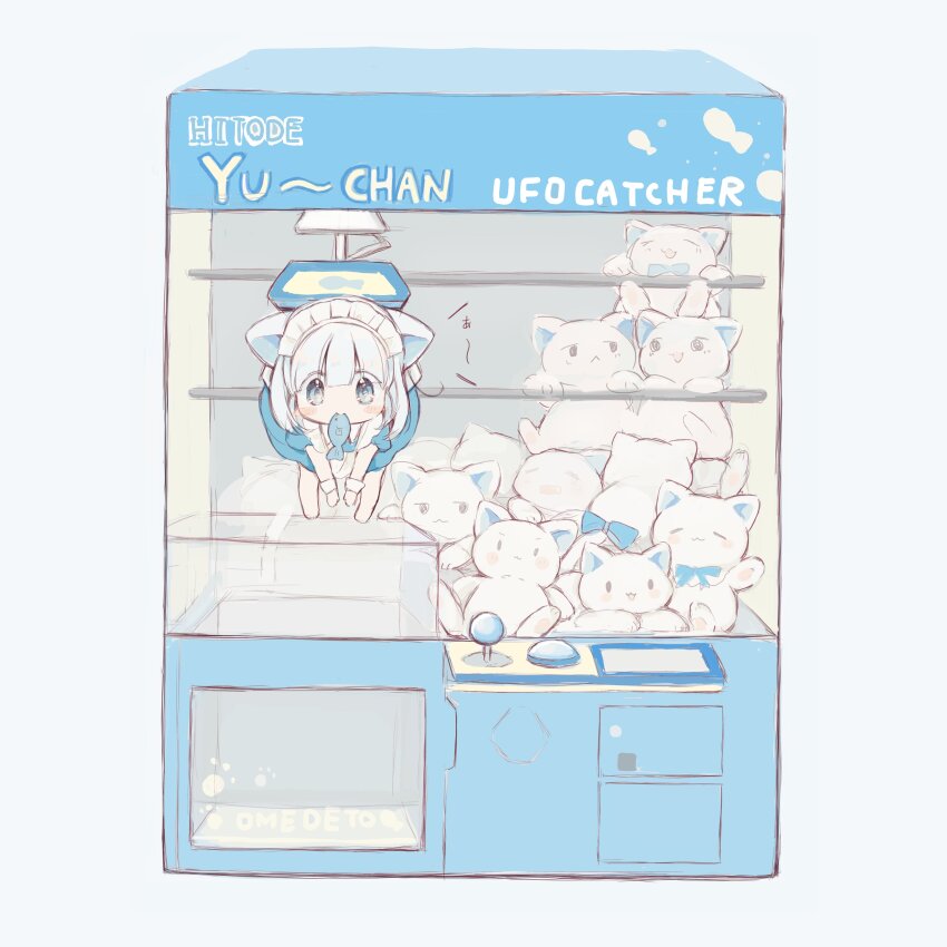 1girl absurdres animal_ears barefoot blue_dress blue_eyes blue_hair blush_stickers cat_ears cat_girl cat_tail commentary_request crane_game dress fish food_in_mouth full_body highres hitode in_crane_game maid maid_headdress medium_hair mini_person minigirl mouth_hold multicolored_hair original puffy_short_sleeves puffy_sleeves short_sleeves simple_background solo sound_effects stuffed_animal stuffed_cat stuffed_toy tail tareme translation_request two-tone_hair white_background white_hair white_wrist_cuffs wrist_cuffs