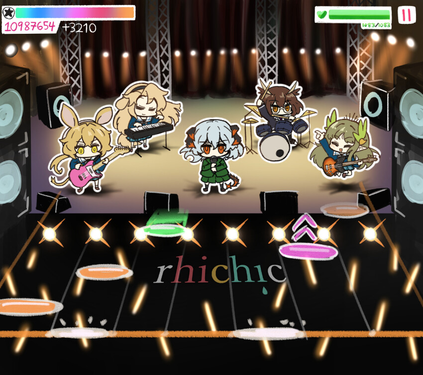 animal_ears arknights bang_dream! bang_dream!_it&#039;s_mygo!!!!! bass_guitar crychic_(bang_dream!) dorothy_(arknights) drum drum_set electric_guitar gameplay_mechanics guitar harlequin-wheels highres horns instrument keyboard_(instrument) kristen_(arknights) mouse_ears muelsyse_(arknights) music pointy_ears saria_(arknights) silence_(arknights) singing