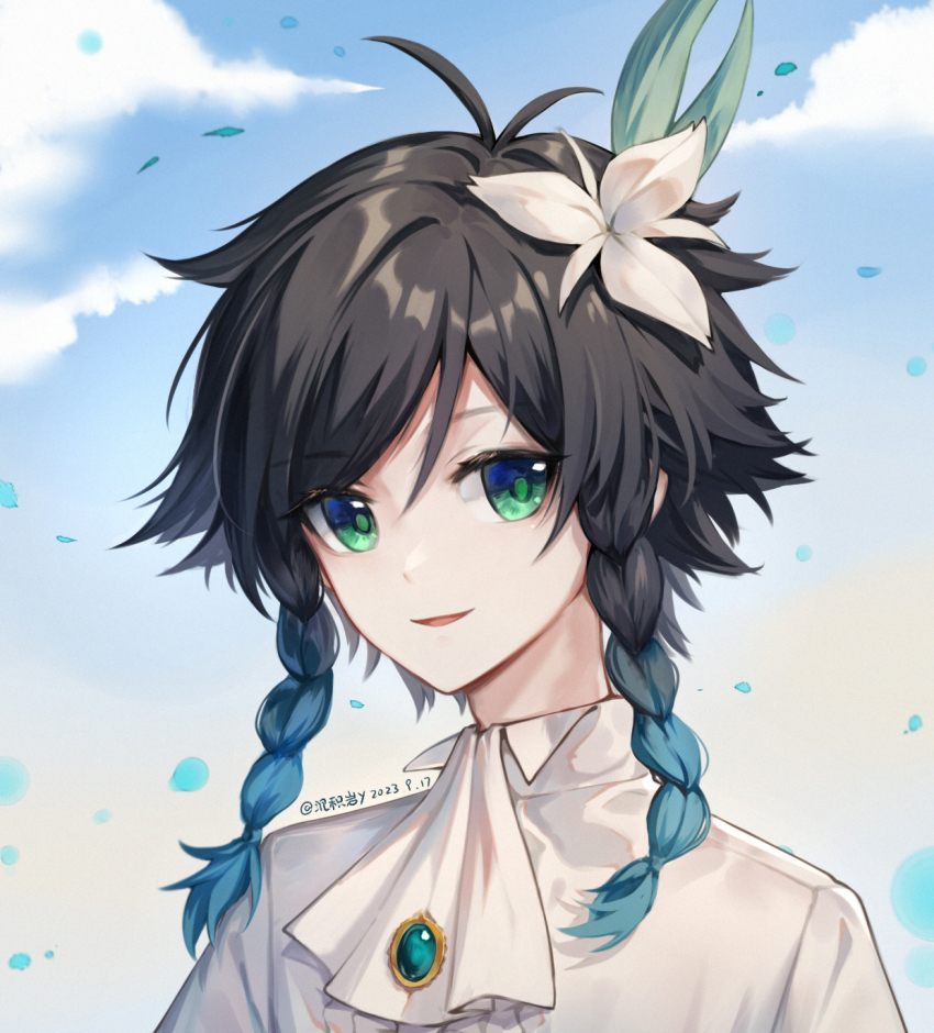 1boy androgynous ascot black_hair blue_sky braid braided_sidelocks chenjiyan_y chinese_commentary cloud commentary_request dated flower genshin_impact green_eyes highres looking_at_viewer male_focus parted_lips partial_commentary shirt short_hair_with_long_locks sky solo twitter_username venti_(genshin_impact) white_ascot white_flower white_shirt