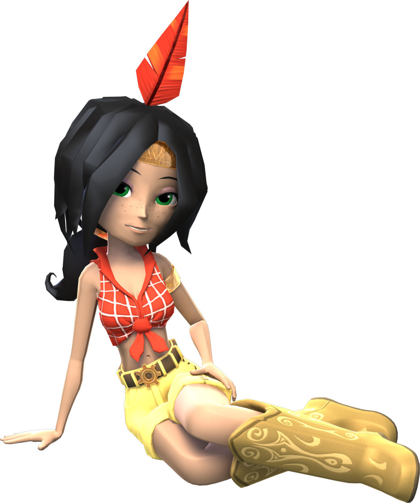 1girl banjo-kazooie banjo-kazooie:_nuts_and_bolts belt belt_buckle black_hair boots breasts buckle cleavage crop_top feather_hair_ornament freckles green_eyes hair_ornament highres humba_wumba_(banjo-kazooie) legs looking_at_viewer lying medium_breasts native_american official_art rareware smile solo