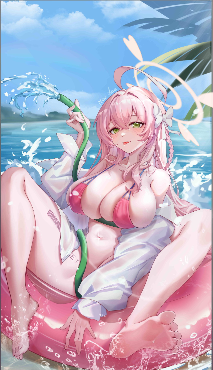 1girl absurdres ahoge barefoot bikini blue_archive blue_sky blush bottomless breasts chinese_commentary cloud commentary_request green_eyes hair_ribbon halo hanako_(blue_archive) hanako_(swimsuit)_(blue_archive) hand_up highres holding holding_hose hose jacket large_breasts long_hair long_sleeves looking_at_viewer niceufotable ocean off_shoulder official_alternate_costume on_innertube open_clothes open_jacket outdoors palm_tree pink_bikini pink_hair pink_halo ribbon shirt sitting sky solo swimsuit tally tongue tongue_out tree white_ribbon white_shirt
