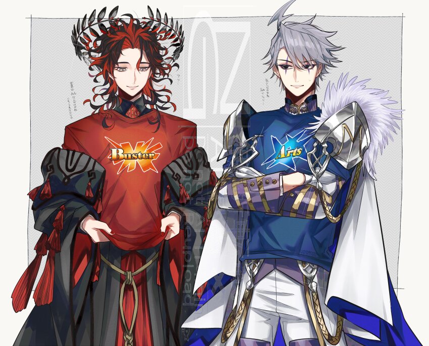 2boys absurdres ahoge arts_shirt black_eyes black_hair black_robe buster_shirt crossed_arms curly_hair dante_alighieri_(fate) dante_alighieri_(third_ascension)_(fate) facial_mark fate/grand_order fate_(series) floating_crown gloves grey_eyes grey_hair highres james_moriarty_(ruler)_(fate) laurel_crown lightning_ahoge long_sleeves male_focus medium_hair multicolored_hair multiple_boys off_shoulder red_hair red_nails robe shirt short_hair smile two-tone_hair u_5ham0