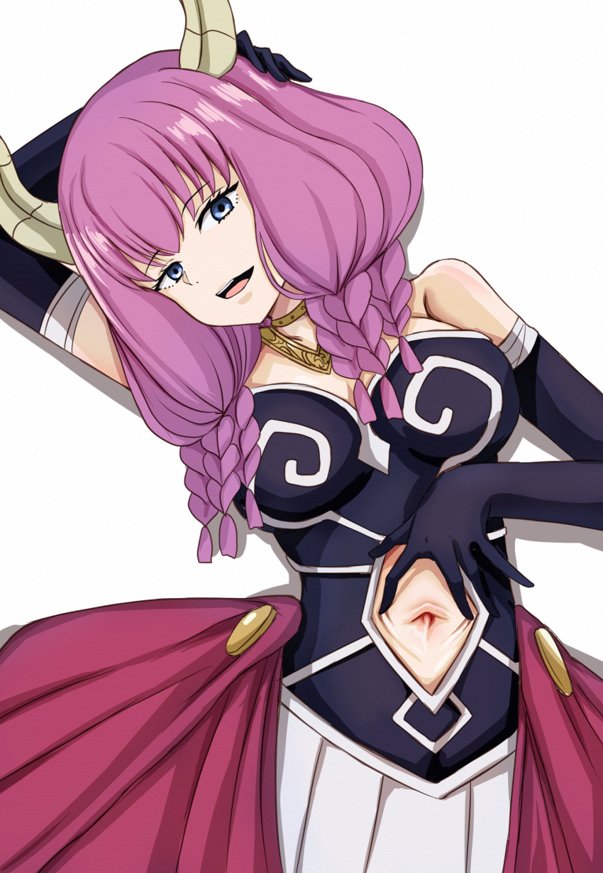 1girl arm_behind_head aura_(sousou_no_frieren) black_corset black_gloves blue_eyes braid breasts clothing_cutout corset demon_girl demon_horns elbow_gloves gloves gold_necklace highres horns jewelry large_breasts long_hair low-braided_long_hair low-tied_long_hair lying multiple_braids navel navel_cutout necklace nootomo on_back open_mouth pink_hair quad_braids skirt solo sousou_no_frieren spread_navel white_skirt