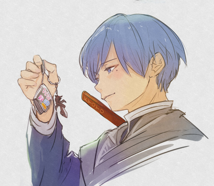 1boy anachronism blue_eyes blue_hair charm_(object) commentary_request grey_cloak higemu highres himmel_(sousou_no_frieren) holding holding_charm male_focus mole mole_under_eye portrait profile solo sousou_no_frieren