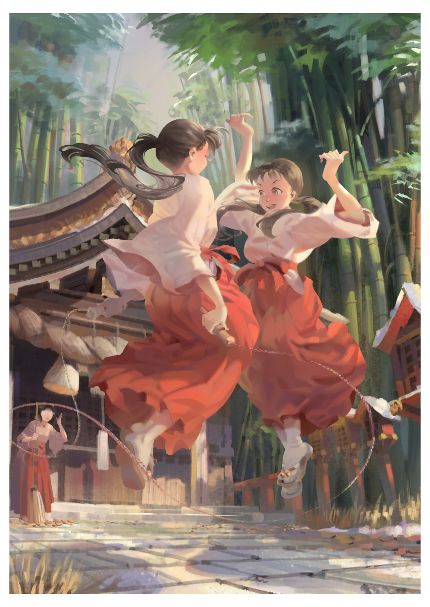 3girls :d absurdres architecture arms_up bamboo border broom brown_hair commentary_request day east_asian_architecture hakama hakama_skirt highres holding holding_broom japanese_clothes jump_rope jumping lantern long_hair miko multiple_girls open_mouth original outdoors ponytail psi_(583278318) red_hakama rope sandals shimenawa shrine skirt smile snow twintails white_border white_legwear wooden_lantern