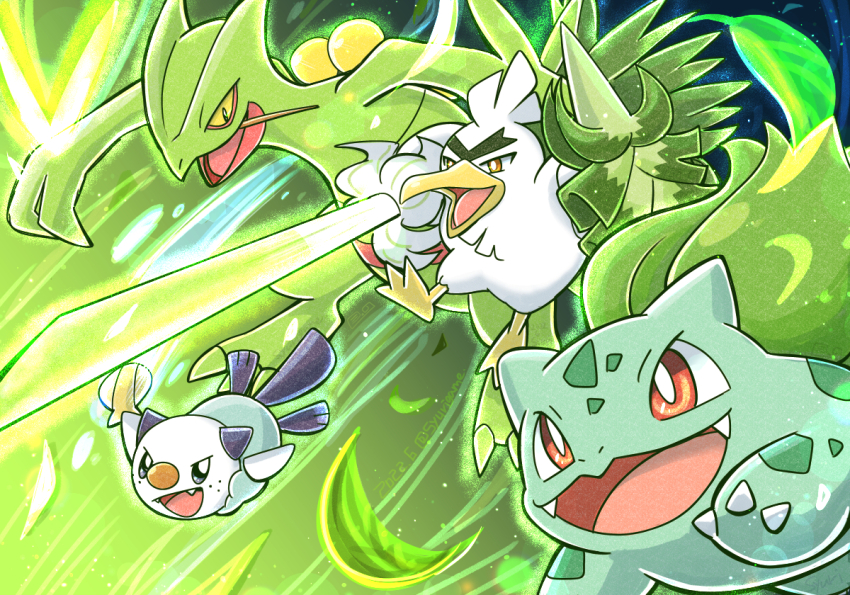 bird bright_pupils brown_eyes bulbasaur claws duck fangs food gen_1_pokemon gen_3_pokemon gen_8_pokemon holding holding_food holding_shell holding_vegetable leaf nintendo otter pokemon red_eyes sceptile shell shuri_(syurigame) sirfetch&#039;d spring_onion thick_eyebrows toothpick v-shaped_eyebrows vegetable white_pupils yellow_eyes