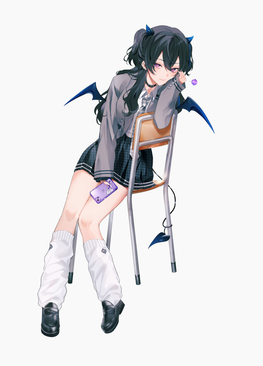 1girl absurdres achiki black_choker black_hair black_shoes black_skirt blazer blue_hair candy cellphone chair choker demon_girl demon_horns demon_tail demon_wings earrings food grey_jacket hand_on_own_face highres holding holding_candy holding_food holding_lollipop holding_phone horns ichinose_uruha ichinose_uruha_(6th_costume) jacket jewelry loafers lollipop long_hair looking_at_viewer loose_socks lupinus_virtual_games multicolored_hair phone pleated_skirt purple_eyes shoes simple_background sitting skirt smartphone smile socks solo streaked_hair tail twintails virtual_youtuber vspo! white_background white_socks wings