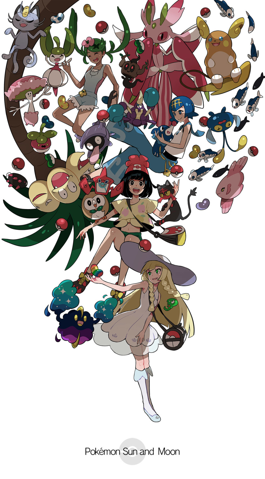 4girls alolan_exeggutor alolan_form alolan_meowth alolan_raichu alomomola beanie bounsweet chinchou copyright_name cosmog crabrawler full_body game_freak gen_1_pokemon gen_2_pokemon gen_4_pokemon gen_5_pokemon gen_6_pokemon gen_7_pokemon hat highres lam_(ramdayo) lana_(pokemon) legendary_pokemon lillie_(pokemon) litten lurantis mallow_(pokemon) multiple_girls nintendo phantump poke_ball poke_ball_(basic) poke_bean pokemon pokemon_(creature) pokemon_sm popplio pyukumuku red_hat rotom rotom_dex rowlet selene_(pokemon) shellder shiinotic simple_background starter_pokemon_trio steenee trial_captain white_background wishiwashi wishiwashi_(solo) zygarde zygarde_cell zygarde_core