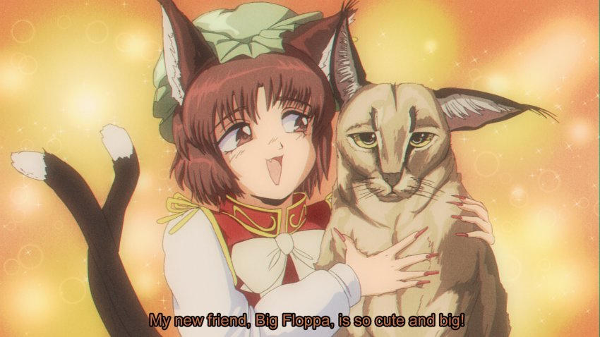 1990s_(style) 1girl :d animal_ear_fluff animal_ears blush brown_eyes brown_hair caracal cat_ears cat_girl cat_tail chen fang fingernails highres long_fingernails looking_at_animal looking_at_viewer meme multiple_tails nail_polish nekomata open_mouth red_nails retro_artstyle short_hair smile step_arts tail touhou two_tails