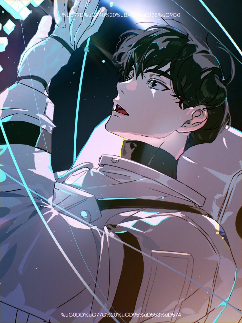 1boy black_eyes black_hair from_side gloves hamin_(plave) hand_up highres k-pop light_particles looking_ahead nakddidi open_mouth plave short_hair space spacesuit turtleneck white_gloves