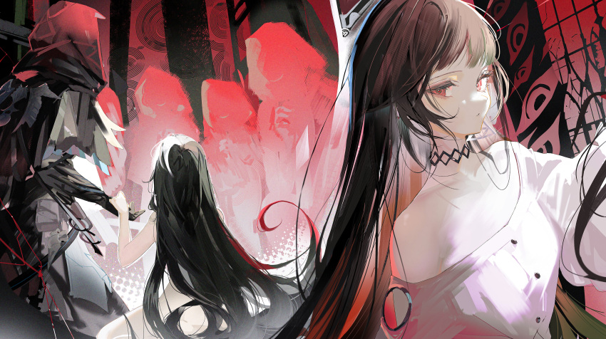 1girl absurdres beatrice_(forever_7th_capital) black_choker black_cloak black_hair blunt_bangs choker cloak forever_7th_capital highres long_hair multiple_others red_eyes rrrr_222 shirt single_off_shoulder very_long_hair white_shirt