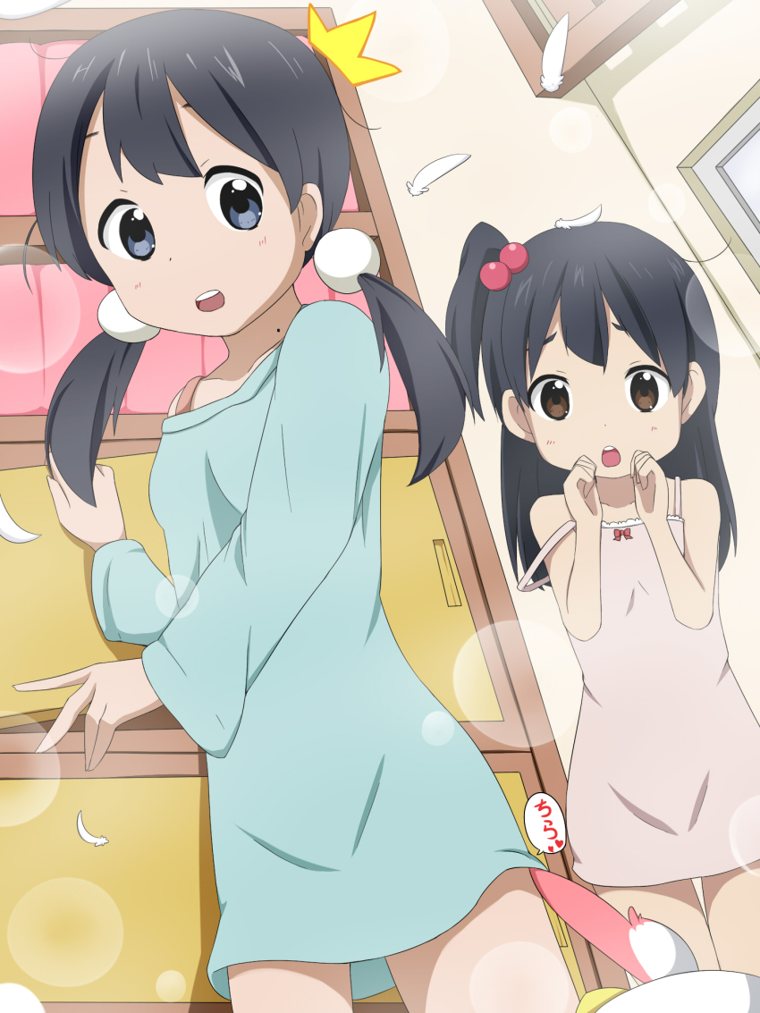 2girls :d ^^^ bare_arms bare_shoulders black_hair blue_eyes blue_shirt blush bow brown_eyes camisole collarbone commentary_request dera_mochimazzui feathers hands_up heart highres indoors kitashirakawa_anko kitashirakawa_tamako long_hair long_sleeves looking_at_viewer low_twintails makuran mole mole_on_neck multiple_girls one_side_up open_mouth pink_camisole red_bow shirt smile strap_slip tamako_market teeth translated twintails underwear underwear_only upper_teeth_only white_feathers