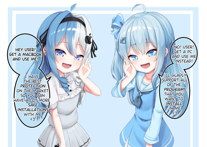 2girls absurdres ahoge apple_inc. apple_logo black_ribbon blue_background blue_eyes blue_hair blue_theme blush border bow bowtie center_frills collarbone commentary double-parted_bangs dress drill_hair drill_sidelocks english_commentary english_text eyelashes flat_chest frilled_dress frills grey_bow grey_hair hair_bow hair_intakes hair_ornament hairpin highres logo_hair_ornament long_hair long_sleeves looking_at_viewer lower_teeth_only macintosh madobe_ichika mesugaki microsoft_windows multicolored_hair multiple_boys multiple_girls nomorakazu open_mouth os-tan petite pleated_skirt puffy_short_sleeves puffy_sleeves ribbon short_sleeves sidelocks simple_background skirt speech_bubble split-color_hair teeth tongue two-tone_background two-tone_bow two-tone_hair windows_11 windows_logo