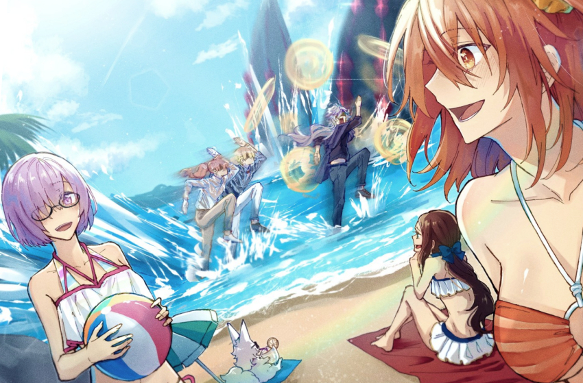3boys 3girls :d ball beach beach_towel beach_umbrella beachball bikini black-framed_eyewear blonde_hair blue_bow blue_sky blush bow brown_hair cloud cloudy_sky cup day demon_pillar_(fate) drinking drinking_straw dutch_angle fate/grand_order fate_(series) film_grain fou_(fate) frilled_bikini frills fujimaru_ritsuka_(female) fujimaru_ritsuka_(female)_(brilliant_summer) gate_of_babylon_(fate) gilgamesh gilgamesh_(caster)_(fate) gilgamesh_(establishment)_(fate) gilgamesh_(fate) glasses hair_bow hair_ornament hair_over_one_eye hair_scrunchie holding holding_ball holding_beachball holding_cup knees_up lens_flare leonardo_da_vinci_(fate) leonardo_da_vinci_(fate/grand_order) leonardo_da_vinci_(rider)_(fate) long_hair looking_at_another low_ponytail mash_kyrielight mash_kyrielight_(swimsuit_of_perpetual_summer_ver.02) merlin_(camelot_&amp;_co)_(fate) merlin_(fate) motion_blur multicolored_bikini multiple_boys multiple_girls nekohanemocha non-circular_lens_flare o-ring o-ring_bikini ocean official_alternate_costume open_mouth orange_bikini orange_eyes orange_hair outdoors palm_tree pants pink_hair ponytail purple_eyes purple_hair rainbow_bikini rectangular_mouth romani_archaman running sand scrunchie shaded_face short_hair sitting sky smile standing striped_bikini striped_clothes sunglasses swimsuit towel tree tropical_drink umbrella water white_bikini white_hair white_pants yellow_scrunchie