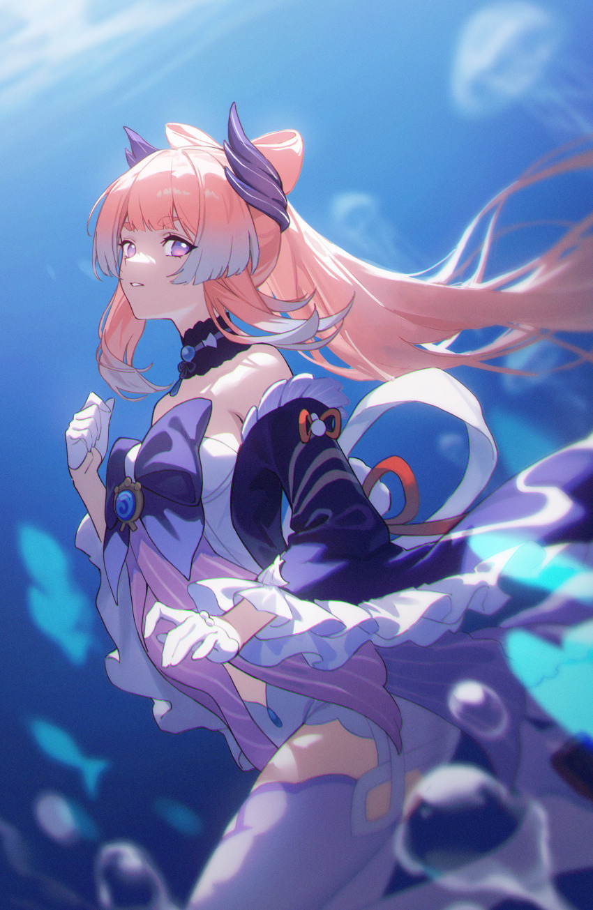 1girl absurdres air_bubble bare_shoulders blurry blurry_background bow-shaped_hair breasts bubble choker colored_tips commentary_request cowboy_shot floating_hair from_side genshin_impact gloves half_gloves hand_up highres hydro_symbol_(genshin_impact) jellyfish lace-trimmed_choker lace_trim long_hair looking_at_viewer medium_breasts multicolored_hair parted_lips pink_hair purple_eyes sangonomiya_kokomi shali shorts solo thighhighs underwater very_long_hair vision_(genshin_impact) white_gloves white_shorts wide_sleeves