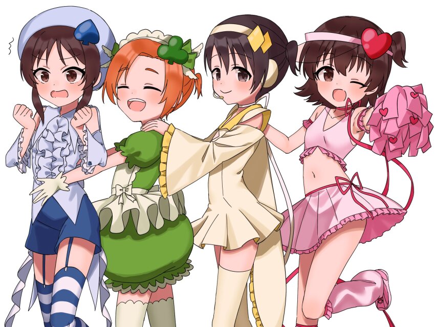 4girls akagi_miria amulet_clover amulet_clover_(cosplay) amulet_dia amulet_dia_(cosplay) amulet_heart amulet_heart_(cosplay) amulet_spade amulet_spade_(cosplay) black_eyes black_hair blue_headwear blue_shirt blue_shorts blush brown_eyes brown_hair clenched_hands closed_eyes clover_hair_ornament cosplay diamond_hair_ornament dot_nose dress flat_chest frilled_shirt frilled_sleeves frills garter_straps green_dress green_ribbon hair_ornament hairband hands_on_another&#039;s_shoulders hands_up hat heart heart_hair_ornament highres holding holding_pom_poms idolmaster idolmaster_cinderella_girls idolmaster_cinderella_girls_u149 long_sleeves looking_at_viewer maid_headdress miniskirt multiple_girls navel one_eye_closed open_mouth orange_hair pink_shirt pink_skirt pom_pom_(cheerleading) pom_poms puffy_short_sleeves puffy_sleeves ribbon ryuzaki_kaoru sasaki_chie shirt short_hair short_sleeves short_twintails shorts shugo_chara! sidelocks sinjin_46 skirt smile spade_hair_ornament stomach striped_clothes striped_thighhighs tachibana_arisu tank_top thighhighs twintails visor_cap white_background white_dress white_hairband white_thighhighs