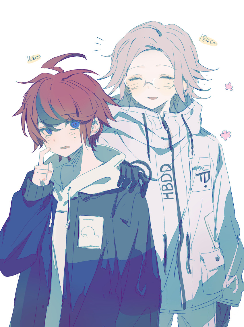 2boys :d ^_^ absurdres ahoge aotsuki_eito black_gloves black_jacket blue_eyes closed_eyes finger_to_cheek fuseru770 gloves grey_hair hand_on_another&#039;s_shoulder height_difference highres hood hoodie jacket male_focus multicolored_hair multiple_boys open_mouth rectangular_mouth red_hair short_hair simple_background smile streaked_hair sumino_takumi sweatdrop the_hundred_line_-last_defense_academy- upper_body white_background white_hoodie white_jacket