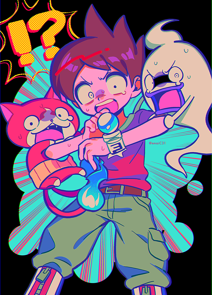 !? 1boy amano_keita belt black_background brown_belt brown_hair cat fangs flame-tipped_tail floating ghost green_pants haramaki highres jibanyan male_focus menma_(enaic31) multiple_tails open_mouth pants purple_lips red_shirt scared shirt short_hair short_sleeves single_tear sweatdrop tail teeth twitter_username two_tails upper_teeth_only watch whisper_(youkai_watch) youkai_(youkai_watch) youkai_watch youkai_watch_(object)