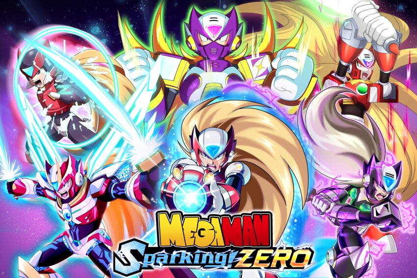 aiming aiming_at_viewer arm_cannon armor artist_collaboration axasempai black_zero_(mega_man) blonde_hair commentary copyright_name deniacp dive_armor_zero_(mega_man) dragon_ball dragon_ball:_sparking! energy_sword english_commentary forehead_jewel highres logo_parody long_hair male_focus mega_man_(series) mega_man_x1 mega_man_x4 mega_man_x_(series) mega_man_x_dive mega_man_zero_(series) multiple_persona powering_up purple_armor red_armor rockartistz second-party_source strike_sketch sword weapon xtevecb z_saber zero(z)_(mega_man) zero_(mega_man) znivans