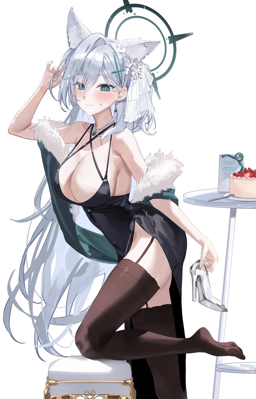 1girl animal_ear_fluff animal_ears black_dress black_thighhighs blue_archive broken_halo cake commentary_request cross cross_hair_ornament dark_halo dress extra_ears food foot_out_of_frame garter_straps grey_hair hair_ornament halo hido88 high_heels highres holding holding_shoes holding_unworn_clothes inverted_cross mismatched_pupils no_shoes pumps shiroko_(blue_archive) shiroko_terror_(blue_archive) shoes simple_background solo thighhighs unworn_shoes white_background wolf_ears wolf_girl