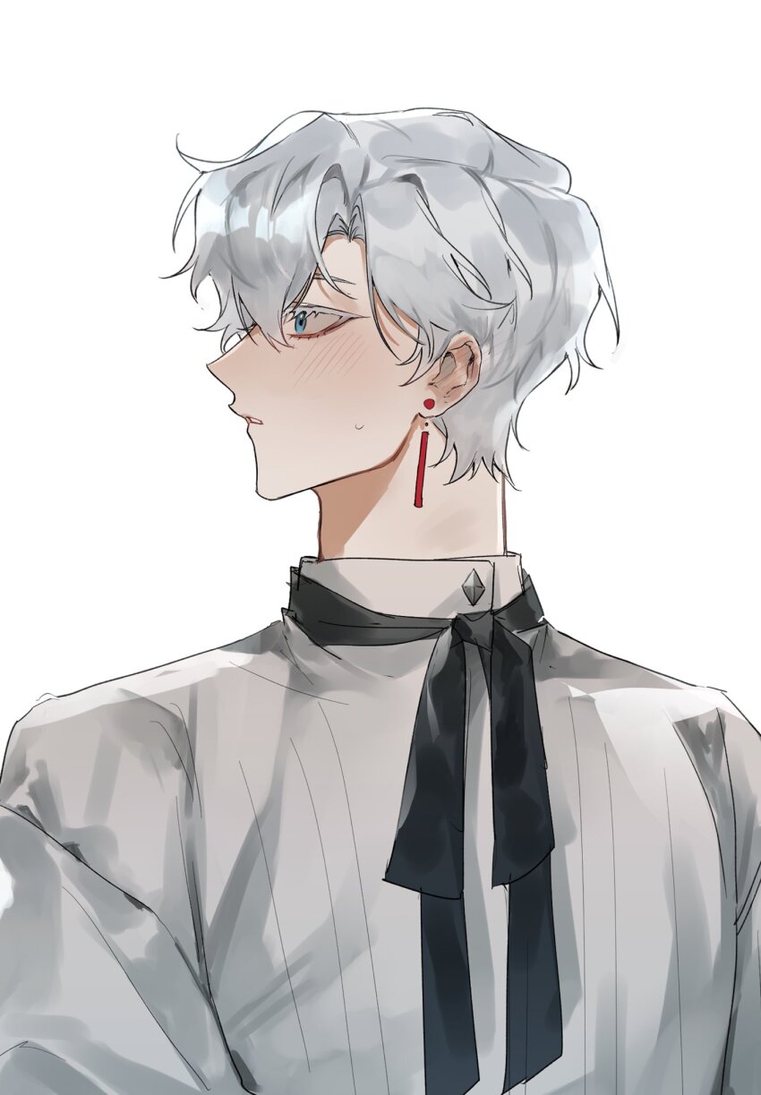 1boy blue_eyes collared_shirt hair_between_eyes highres long_sleeves looking_to_the_side male_focus nose original parted_lips sharonmitsu shirt short_hair simple_background solo upper_body white_background white_hair white_shirt