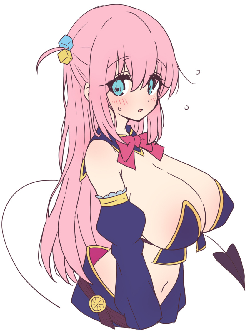 1girl aqua_eyes blue_sleeves blush bocchi_the_rock! bow bowtie breasts cleavage cosplay crisis_management_form_(machikado_mazoku) cube_hair_ornament demon_tail detached_sleeves gotoh_hitori hair_between_eyes hair_ornament highres large_breasts long_hair looking_at_viewer machikado_mazoku mel_(melty_pot) navel pink_hair red_bow red_bowtie simple_background solo tail white_background yoshida_yuuko_(machikado_mazoku) yoshida_yuuko_(machikado_mazoku)_(cosplay)