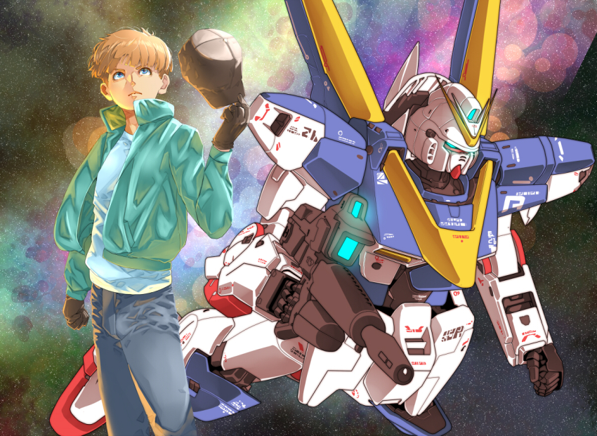 1boy baseball_cap beam_rifle blue_eyes brown_hair commentary_request earth_federation energy energy_gun gloves glowing glowing_eyes green_jacket gundam hat jacket looking_up machinery mecha mobile_suit nebula psycho_frame puu_maru removing_hat robot science_fiction serious uso_ewin v-fin v2_gundam victory_gundam weapon