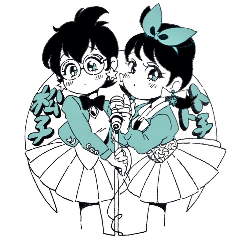 2girls aged_down aqua_theme black_hair blazer bow bow_hairband bowtie cropped_legs earrings expressionless glasses hairband highres idol jacket jewelry matsuno_matsuyo microphone multiple_girls open_clothes open_jacket osomatsu-kun osomatsu_(series) round_eyewear short_twintails softowel spot_color star_(symbol) star_earrings twintails yowai_totoko