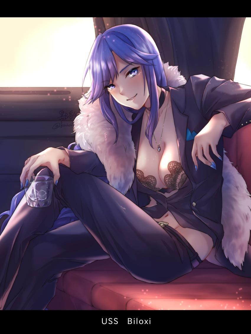 1girl absurdres azur_lane biloxi_(azur_lane) biloxi_(empress_in_the_silk_seat)_(azur_lane) black_suit bra breasts car_interior character_name cleavage collarbone commentary_request cowboy_shot female_focus formal_clothes groin highres jacket jewelry kurono_hyouka letterboxed limousine_interior long_hair looking_at_viewer midriff navel necklace open_bra sidelocks sitting smile solo suit suit_jacket underwear very_long_hair