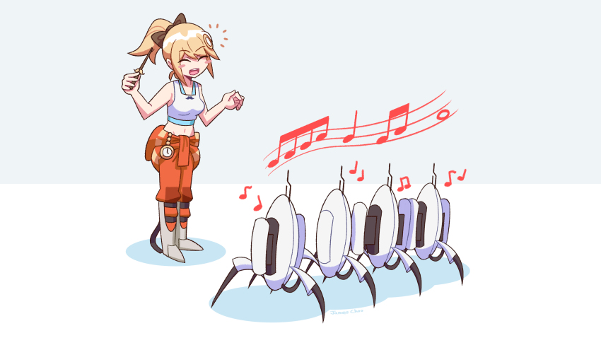 1girl ^_^ absurdres black_bow blonde_hair blush bow chell chell_(cosplay) closed_eyes cosplay crossover hair_bow highres holding holding_stick hololive hololive_english james_choo musical_note navel open_mouth ponytail portal_(series) robot sentry_turret_(portal) musical_staff stick tank_top virtual_youtuber watson_amelia white_tank_top