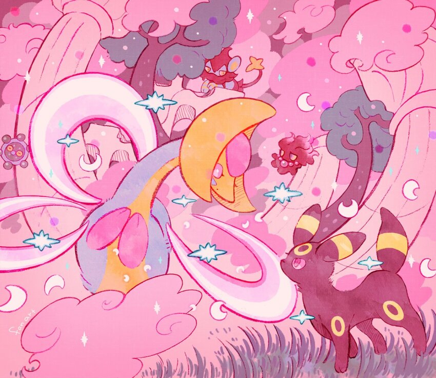 bronzor cloud colored_sclera crescent gen_2_pokemon gen_4_pokemon grass kappaman looking_down looking_up luxio misdreavus nintendo no_humans pink_eyes pink_sclera pink_theme pokemon standing tree umbreon yellow_eyes yellow_sclera