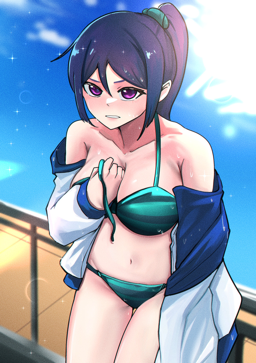 1girl absurdres blue_hair breasts cleavage highres looking_at_viewer love_live! love_live!_sunshine!! matsuura_kanan over_flow99 ponytail purple_eyes solo