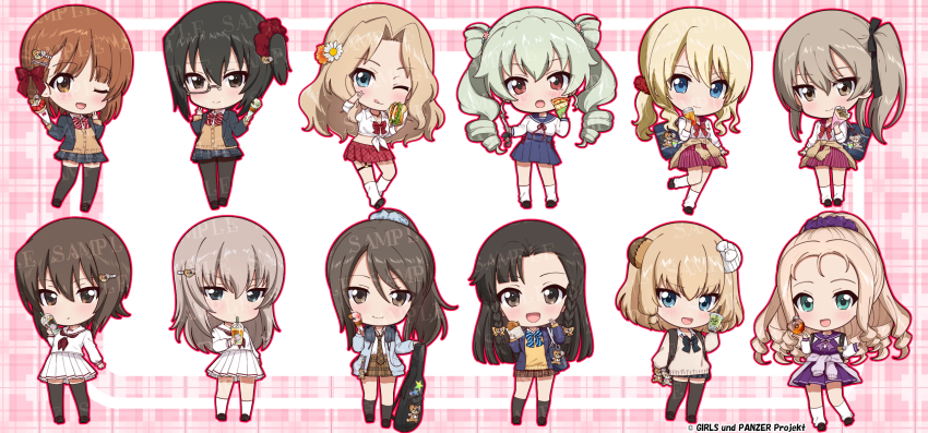 6+girls alternate_costume alternate_hairstyle anchovy_(girls_und_panzer) animal_charm animal_ears bandaid bear_ears black_cardigan black_hair black_pantyhose black_ribbon black_shoes black_skirt black_socks black_thighhighs blue_cardigan blue_hairband blue_hoodie blue_jacket blue_ribbon blue_skirt boko_(girls_und_panzer) boko_(girls_und_panzer)_(cosplay) bow bowtie braid braided_bangs brown_hair brown_necktie brown_skirt brown_sweater brown_sweater_vest cardigan cardigan_around_waist character_hair_ornament charm_(object) chibi clothes_around_waist collared_shirt copyright_name cosplay cup curly_hair darjeeling_(girls_und_panzer) disposable_coffee_cup disposable_cup drill_hair drink drinking_straw fake_animal_ears flower flower_hairpin garter_straps girls_und_panzer girls_und_panzer_saishuushou green_hair grey_hair guitar_case gyaru hair_flower hair_ornament hair_ribbon hair_tie hairband hairpin highres holding holding_drink hood hoodie instrument_case itsumi_erika jacket jacket_around_waist katyusha_(girls_und_panzer) kawashima_momo kay_(girls_und_panzer) kneehighs long_hair loose_socks low_ponytail marie_(girls_und_panzer) merchandise midriff_peek mika_(blue_archive) miniskirt multiple_girls navel neckerchief necktie nishi_kinuyo nishizumi_maho nishizumi_miho official_alternate_costume official_alternate_hairstyle official_art one_side_up open_cardigan open_clothes pantyhose pink_cardigan pink_jacket pleated_skirt ponytail product_placement purple_hairband purple_neckerchief purple_skirt red_bow red_bowtie red_neckerchief red_ribbon red_skirt ribbon sample_watermark school_uniform serafuku shimada_arisu shirt shoes short_hair skirt socks star_(symbol) straight_hair striped_ribbon stuffed_animal stuffed_toy sweater sweater_vest teddy_bear thigh_strap thighhighs tied_shirt tsurugi_hikaru twin_drills twintails watermark white_serafuku white_shirt white_skirt white_socks yellow_sweater_vest
