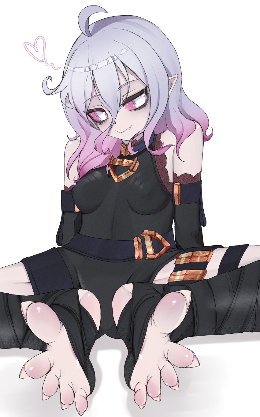 1girl bare_shoulders black_bodysuit black_sleeves black_socks bodysuit breasts briar_(league_of_legends) closed_mouth colored_sclera colored_skin colored_tips covered_erect_nipples detached_sleeves fang feet_together female_focus foot_focus full_body grey_hair grey_skin league_of_legends long_toenails looking_at_viewer medium_hair meemz_a multicolored_hair naughty_face petite pointy_ears red_hair red_sclera simple_background sitting small_breasts smile socks solo spread_legs stirrup_legwear toeless_legwear toenails toes two-tone_hair vampire white_background white_eyes