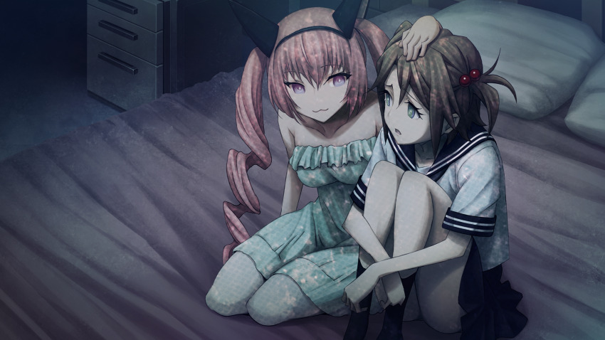 2girls :3 akiha_rumiho animal_ear_hairband animal_ears aqua_eyes ass bed_sheet bedroom black_neckerchief black_sailor_collar black_sleeves black_socks blue_dress blue_skirt breasts brown_hair cat_ears child collar collarbone cropped_shirt crossed_arms dark dark_room dress drill_hair fake_animal_ears flat_chest frilled_collar frills game_cg green_eyes hairband hand_on_another&#039;s_head headpat highres hugging_own_legs huke kneeling long_hair looking_at_another medium_breasts miniskirt multiple_girls neckerchief non-web_source official_art on_bed open_mouth pillow pink_eyes pink_hair pink_lips pleated_skirt ringed_eyes sailor_collar school_uniform serafuku shiny_lips shirt short_sleeves short_twintails sitting skirt sleeveless sleeveless_dress smile socks square_pupils steins;gate steins;gate:_linear_bounded_phenogram tearing_up tennouji_nae thick_thighs thighs tongue tsurime twin_drills twintails underbutt white_shirt white_stripes