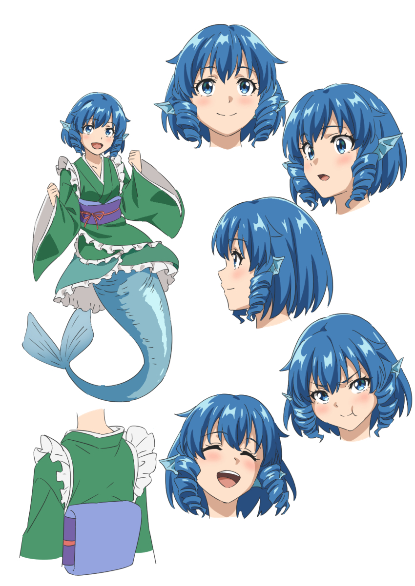 1girl :d blue_eyes blue_hair closed_mouth commentary_request drill_hair drill_sidelocks fins frilled_kimono frills green_kimono gyouza_(mhea5724) happy head_fins highres japanese_clothes kimono kneeless_mermaid long_sleeves mermaid monster_girl multiple_views open_mouth parted_lips pointy_ears purple_sash sash short_hair sidelocks simple_background smile touhou upper_body wakasagihime white_background wide_sleeves