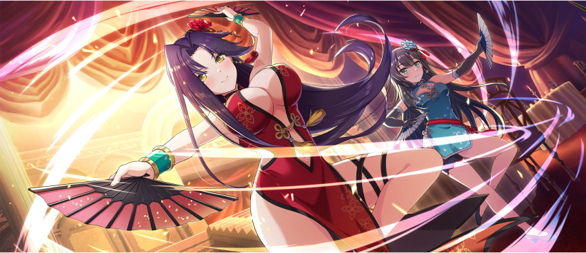 2girls arm_up armpit_crease asymmetrical_sidelocks bare_shoulders black_gloves black_hair blue_dress blue_flower bracelet breasts chair china_dress chinese_clothes cleavage cleavage_cutout clothing_cutout dress elbow_gloves flower from_below game_cg gloves green_eyes hair_flower hair_ornament hand_fan highleg highleg_dress highres holding holding_fan indoors jewelry kono_subarashii_sekai_ni_shukufuku_wo! konosuba!_fantastic_days large_breasts lia_(konosuba) light_blush light_smile long_hair looking_at_viewer looking_down medium_breasts melissa_(konosuba) multiple_girls navel navel_cutout official_alternate_costume official_art outstretched_arm parted_bangs red_dress red_flower side_cutout side_slit sidelocks sleeveless sleeveless_dress standing standing_on_one_leg table theater thigh_strap thighs underboob underboob_cutout yellow_eyes