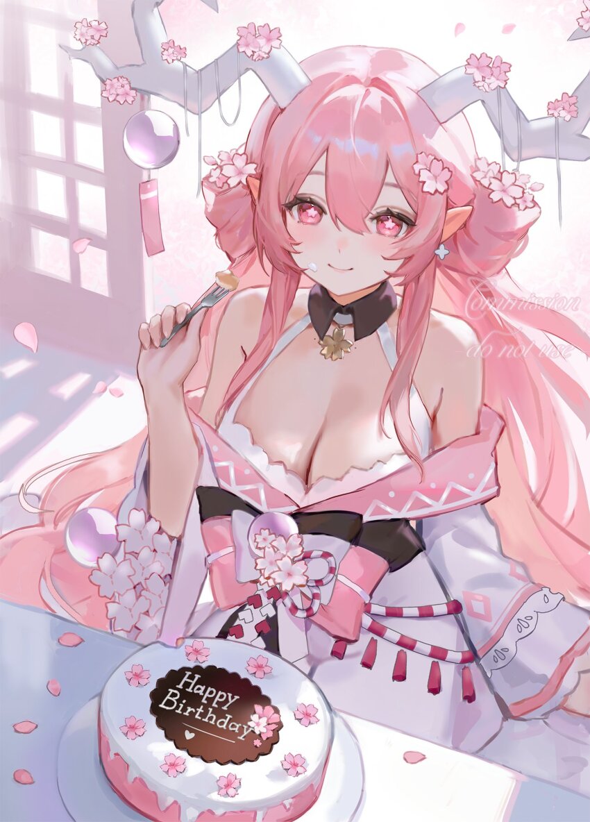 1girl antler_ornament antlers bare_shoulders birthday birthday_cake black_collar blossum_(vtuber) breasts cake cleavage collar dress eri11rie flower flower-shaped_pupils food fork happy_birthday highres holding holding_fork horns indie_virtual_youtuber large_breasts long_hair long_sleeves multicolored_dress off-shoulder_dress off_shoulder petals pink_dress pink_eyes pink_flower pink_hair solo symbol-shaped_pupils upper_body very_long_hair virtual_youtuber white_dress