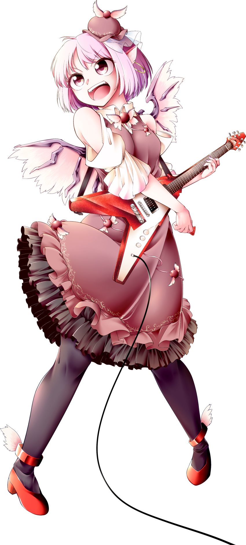 0-den 1girl absurdres animal_ears bird_ears bird_wings black_legwear brown_dress brown_headwear cable collarbone dress earrings electric_guitar full_body gibson_flying_v guitar high_heels highres instrument jewelry music mystia_lorelei open_mouth pink_eyes pink_hair playing_instrument red_footwear short_hair simple_background single_earring smile solo teeth touhou v-shaped_eyebrows white_background white_sleeves wing_cap wings