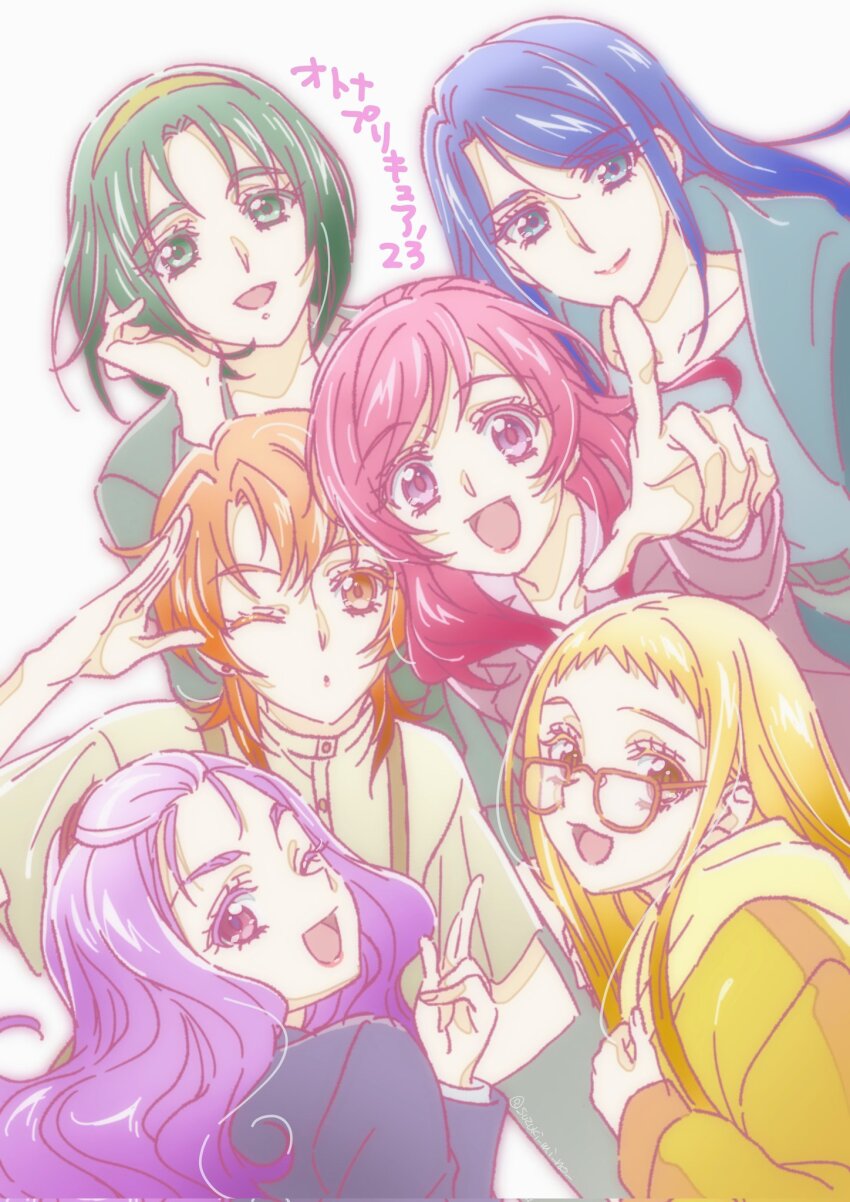 6+girls :d akimoto_komachi blonde_hair blue_eyes blue_hair brown_eyes eyelashes glasses green_eyes green_hair highres kasugano_urara_(yes!_precure_5) kibou_no_chikara_otona_precure_&#039;23 lipstick long_hair looking_at_viewer makeup medium_hair mimino_kurumi minazuki_karen multiple_girls natsuki_rin one_eye_closed open_mouth orange_eyes orange_hair pink_eyes pink_hair pointing pointing_at_viewer precure purple_eyes purple_hair salute short_bangs short_hair simple_background smile sugimoto_miho white_background yumehara_nozomi