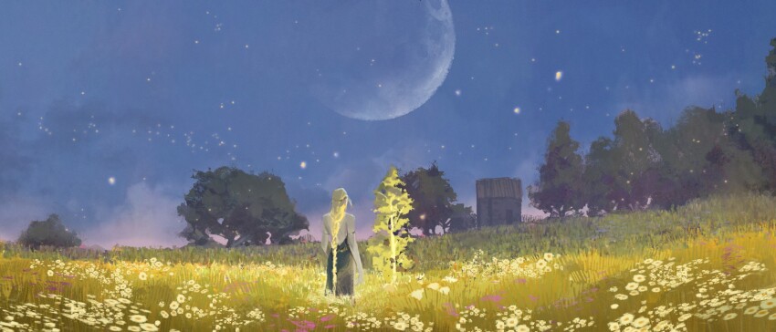 1girl blonde_hair braid commentary elden_ring elden_ring:_shadow_of_the_erdtree field flower flower_field full_body glowing_tree highres hut long_hair moon night night_sky on_grass papaya_mm queen_marika_the_eternal sky solo tree very_long_hair
