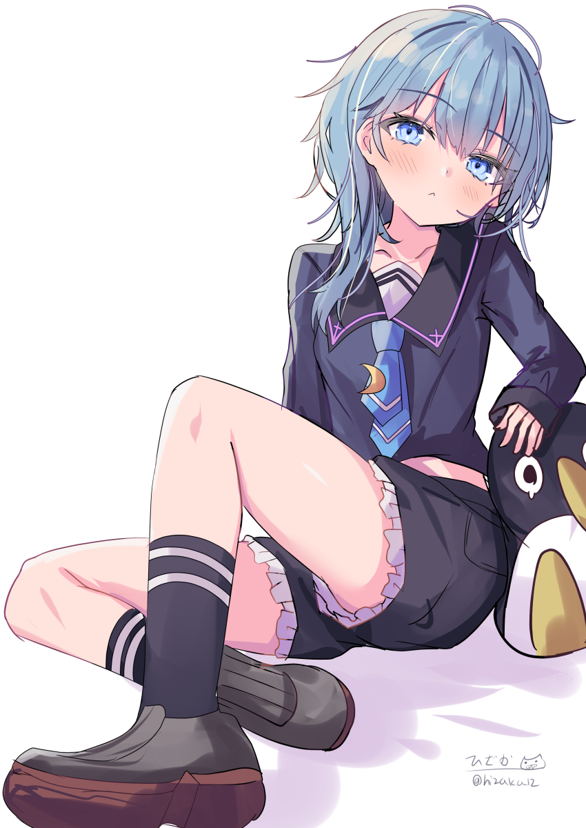 1girl :&lt; absurdres blue_eyes blue_hair blush commentary crescent failure_penguin frilled_shorts frills highres hizaka kantai_collection loafers looking_at_viewer medium_hair minazuki_(kancolle) neckerchief school_uniform serafuku shoes shorts sitting solo twitter_username