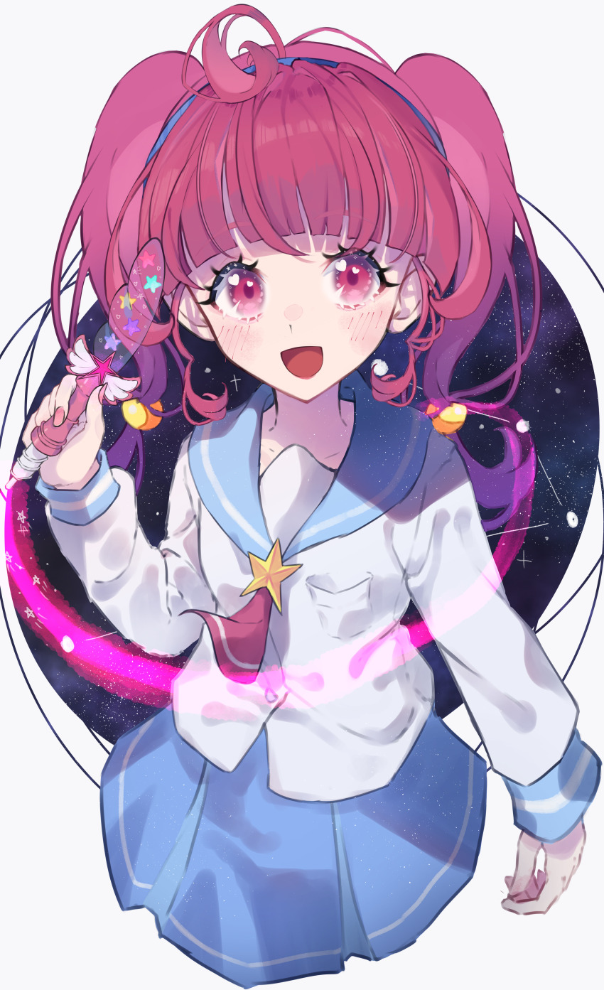 1girl :d absurdres ahoge amino_(li0a4) aries_(constellation) bad_id bad_pixiv_id blue_hairband blue_sailor_collar blue_skirt blunt_bangs constellation cowboy_shot cropped_legs hairband hand_up highres holding holding_pen hoshina_hikaru long_hair long_sleeves looking_at_viewer mihoshi_middle_school_uniform open_mouth pen pink_eyes pink_hair pleated_skirt precure sailor_collar school_uniform serafuku shirt skirt smile solo standing star_(sky) star_(symbol) star_color_pen star_twinkle_precure starry_sky_background twintails white_shirt