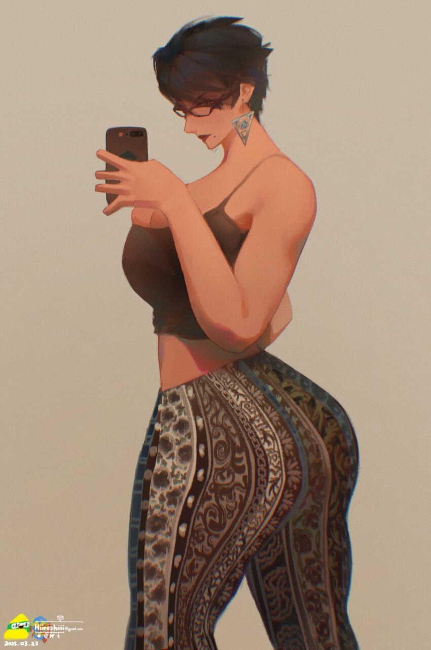 1girl artist_name ass bayonetta bayonetta_(series) bell-bottoms black_hair breasts earrings forbidden_pants glasses highres hiroshi_(hiiroshiiii) jewelry large_pectorals meme_attire mole mole_under_mouth pants pectorals print_pants simple_background solo