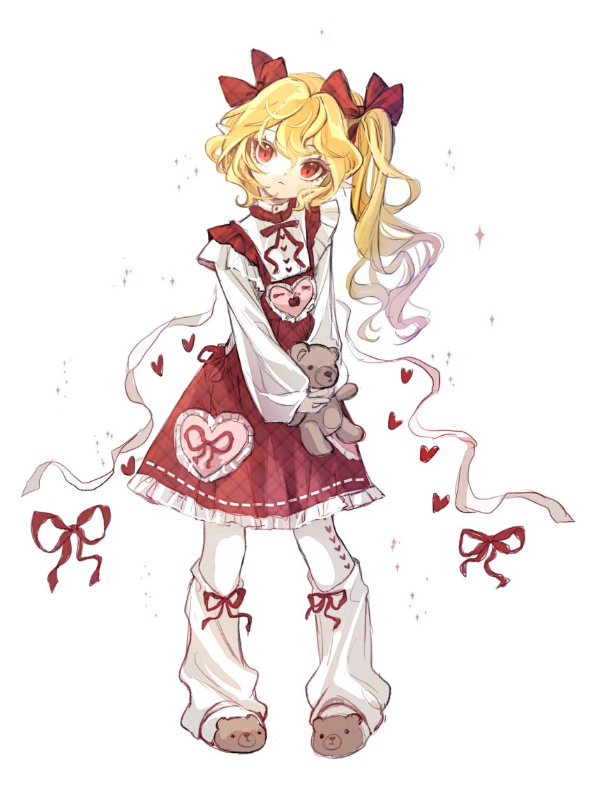 1girl 80isiiii absurdres alternate_costume bear_slippers bow closed_mouth dress flandre_scarlet frilled_skirt frills full_body hair_bow heart highres holding holding_stuffed_toy leg_warmers long_hair long_sleeves looking_at_viewer own_hands_together pantyhose pinafore_dress pointy_ears red_bow red_dress red_eyes red_ribbon ribbon simple_background skirt sleeveless sleeveless_dress solo stuffed_animal stuffed_toy teddy_bear touhou white_background white_leg_warmers white_pantyhose wide_ponytail